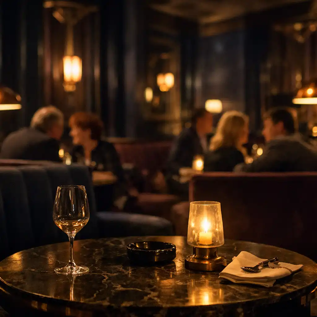 Rézfényes, bársonyszékes éttermi lounge néhány beszélgető vendéggel éjszaka.