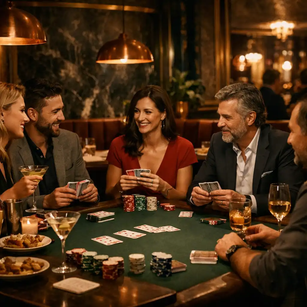 Felnőtt vendégek egy elegáns éttermi asztal körül, fizikai kártyákkal, zsetonokkal, italokkal és kis tányérokkal.